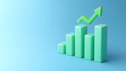 Green bar graph with ascending arrow on blue background symbolizing growth, business success, and financial data analysis.