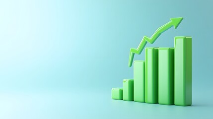 Green bar graph with rising arrow depicting financial growth and progress on a light blue background, symbolizing business success.