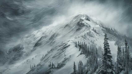 Mountain Slope Engulfed in a Heavy Snow Blizzard with Fir Trees