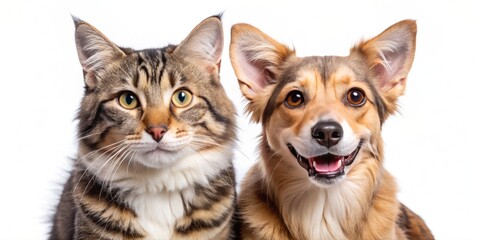 Adorable dog and cat duo pose together, gazing at the camera with joyful expressions, exemplifying heartwarming friendship and affection on a transparent background.