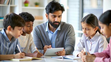 An Indian tutor leading a small group of students in a focused learning environment.
