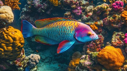 Vibrant Parrotfish Swimming Through Coral Reef