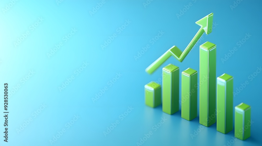 Poster green bar graph with upward arrow indicating growth and progress, isolated on blue gradient backgrou