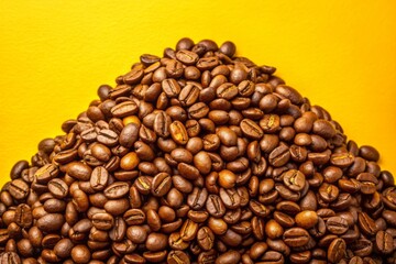 Fototapeta premium Vibrant yellow background highlights a mound of freshly roasted coffee beans, inviting and appetizing, ideal for culinary or beverage-themed advertisements or editorial content.