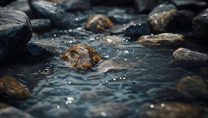 tranquil mountain brook winding over smooth stones, ultra-realistic, high resolution,