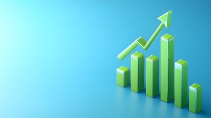 Green bar graph with upward arrow indicating growth and progress, isolated on blue gradient background. Concept for business and finance statistics.