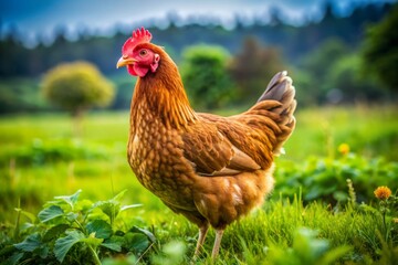Fototapeta premium A beautiful brown hen with vibrant feathers and curious expression roams freely on a lush green organic farm field, surrounded by natural scenery.