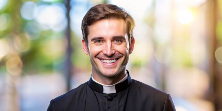Happy young priest with a warm smile, wearing a clerical collar, posed against a soft, blurred background, conveying a sense of hope and compassion.