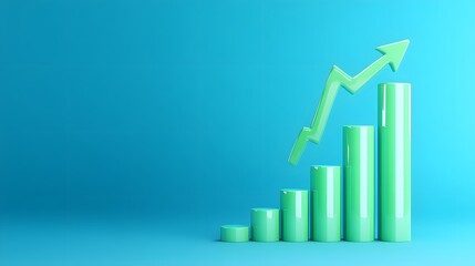 Green bar graph with upward arrow indicating growth, success, and progress on a blue background. Ideal for business or financial concepts.