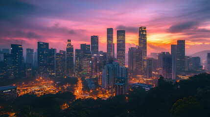 Fototapeta premium vibrant city skyline with towering skyscrapers at sunset