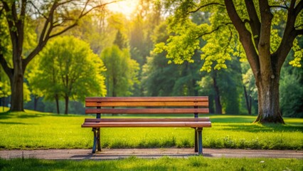 Fototapeta premium Lonely wooden bench in a park during spring or summer season