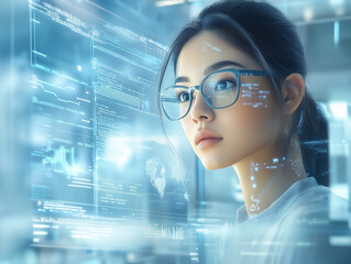 Focused young woman analyzing digital data and charts in a modern workspace during a collaborative project