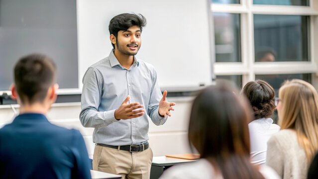 An Indian student presenting a project or speech in front of a classroom or audience.
