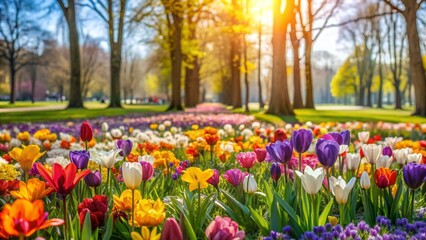 Closeup panoramic view of colorful spring flowers blooming in the park