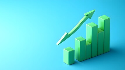 Green bar graph with upward arrow on blue background, symbolizing growth, success, and financial progress in business and statistics.