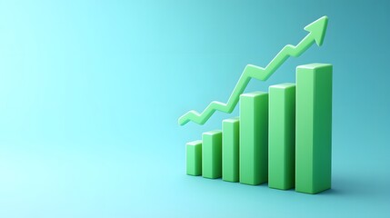 Green bar graph with upward arrow on blue background, representing business growth and financial success.
