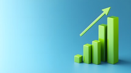 Green bar graph with upward arrow on blue background, representing growth, success, and progress in business or finance.