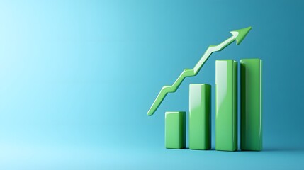 Green bar graph with upward arrow on blue background, representing business growth and success in finance and analytics.