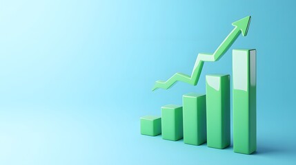 Green bar graph with upward arrow on blue background, representing business growth, success, and performance improvement.