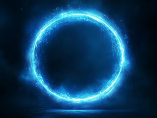A glowing blue energy ring floating in a dark environment, emanating a mystical aura and light effects