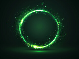 Green sparkling circle on a dark background with glowing particles illuminated in a mystical atmosphere