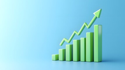 Green bar graph with upward arrow on blue background, representing growth, progress, success, and positive trend in business or finance.