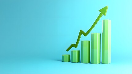 Green bar graph with upward arrow on blue background, symbolizing financial growth, success, and positive business trend.