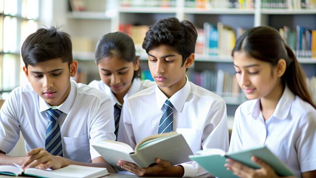 A group of Indian high school students studying or researching in a library setting.
