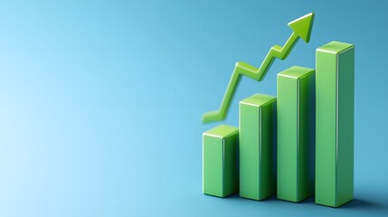 Green bar graph with upward arrow on blue background representing business growth, financial success, and positive progress in performance.
