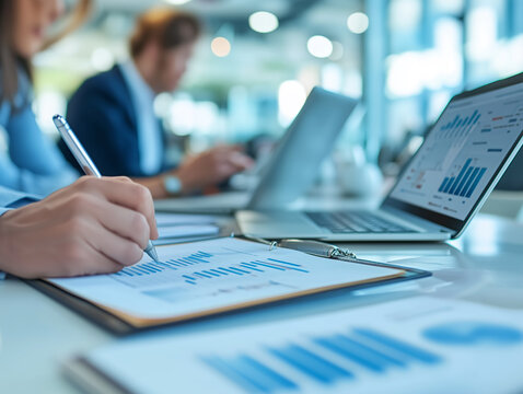 Team members analyzing data and reports in a modern office during a business meeting