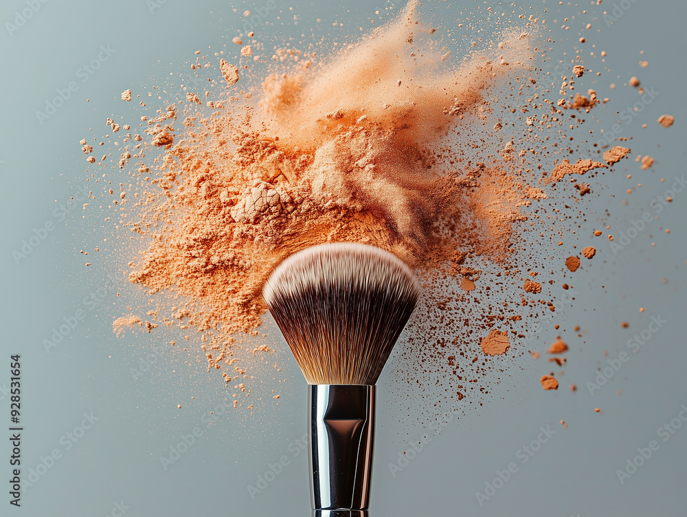 Wall mural makeup brush dispersing powder on a gray background during a beauty routine