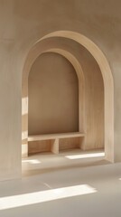 Light illuminates the curved archway and wooden bench in a tranquil, minimalist environment, inviting a moment of peace and reflection