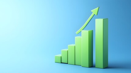 Green bar graph with upward arrow on blue background symbolizing growth, success, and positive business trends.
