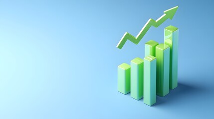 Green bar graph with upward arrow on blue background symbolizing growth, progress, and success in finance, business, and analytics.