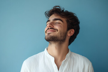 Obraz premium A close up of a man's face with his eyes closed