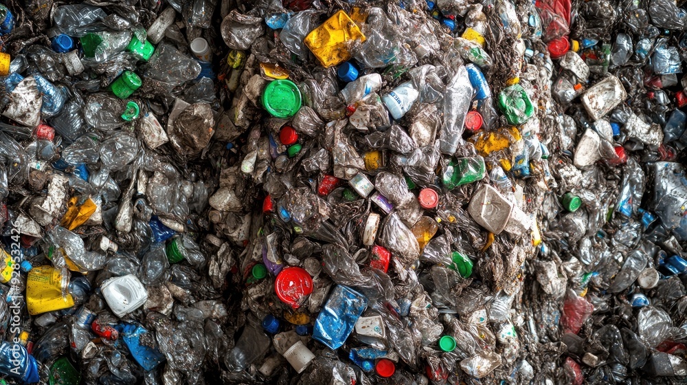 Poster a close-up of a heap of crushed plastic bottles, compressed and waiting to be recycled at a processi