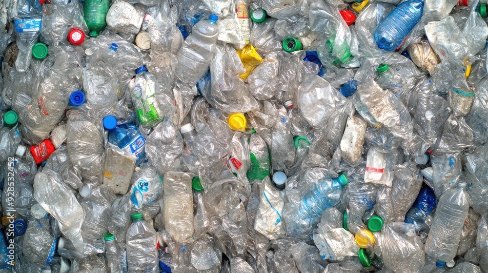 Poster a close-up of a heap of crushed plastic bottles, compressed and waiting to be recycled at a processi