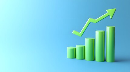 Green bar graph with upward arrow on blue background, representing business growth and success in data analysis.