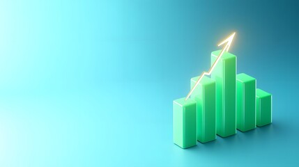 Green bar graph with upward arrow on blue gradient background representing success, growth, or financial improvement.