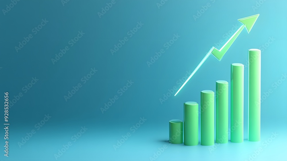 Poster green bar graph with upward arrow on teal background representing growth, progress, and success in b