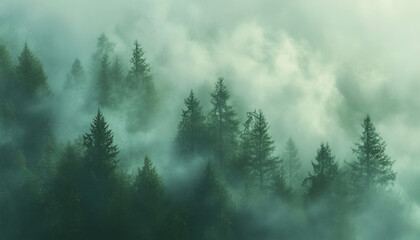 tranquil desktop background of a dense forest covered in morning mist. Tall trees rise through the fog, their outlines blurred by the haze. The color palette is muted, with soft greens, grays, an