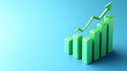 Green bar graph with upward arrow showing growth or success on blue background, representing business improvement and financial progress.