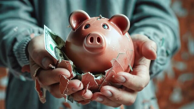 A person is holding a broken piggy bank with money scattered around it