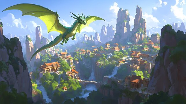 A majestic green dragon soaring over a vibrant fantasy landscape, showcasing breathtaking mountains and serene villages.