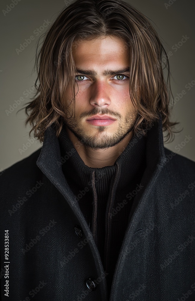 Canvas Prints a man with long hair and a beard is wearing a black coat and a sweater