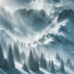 Mountain Slope Engulfed in a Heavy Snow Blizzard with Fir Trees