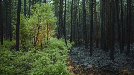 Obraz premium A forest divided, with one half lush and green, the other charred and lifeless from recent wildfires.