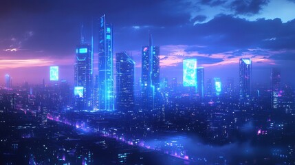 Obraz premium A futuristic cityscape illuminated by neon lights against a twilight sky.