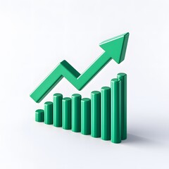 Green upward arrow and bar chart. Concept of growth, success, business, finance, and performance. Isolated on white background.