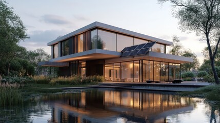 A modern residential house with solar panels on the roof, integrating green technology with contemporary architecture.